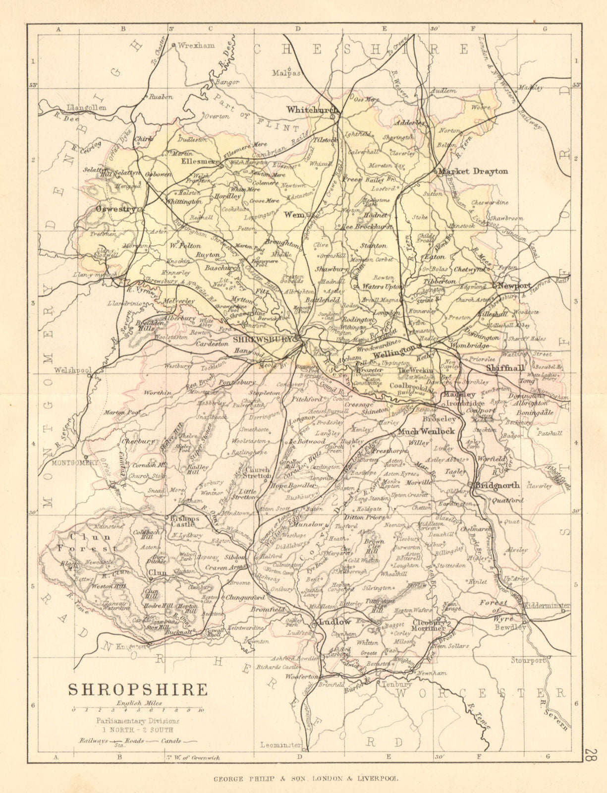 SHROPSHIRE. Antique county map. Railways canals. Constituencies. PHILIP 1884